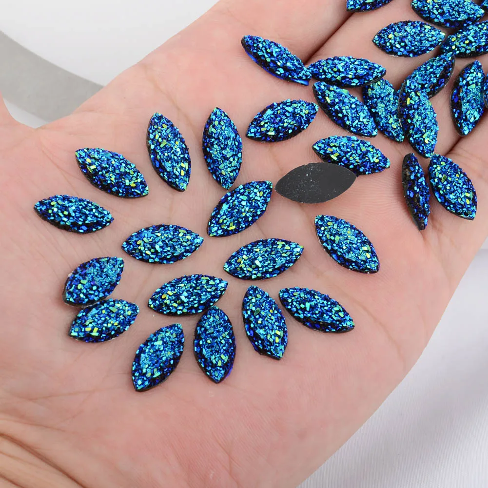 BOLIAO New 40Pcs 8*16mm ( 0.31*0.63in ) Horse eye Shape Dark Blue Resin Rhinestone Flatback Glue Headwear/Clothes Craft DIY