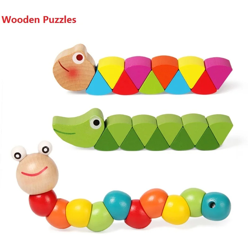 Colorful Wooden Worm Puzzles Kids Educational Baby Intelligence Development Toys Fingers Game for Children Montessori Gift