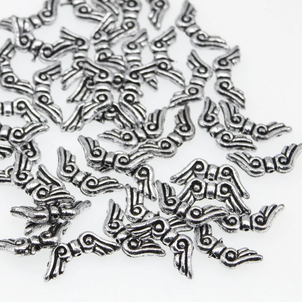 CHONGAI 100Pcs Charms Acrylic Vintage Silver Color Tone Angel Wings Beads For Jewelry Making DIY Bracelets For Women Men