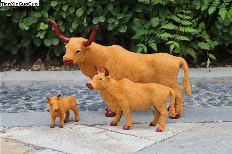 plastic&furs yellow cattle hard model prop,simulation cattles one lot/ 3 pieces handicraft,home decoration gift s1489