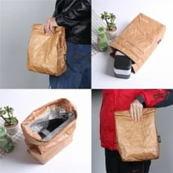 Brown Paper Lunch Bag Reusable Insulated Thermal Cooler Sack Magnetic Closure