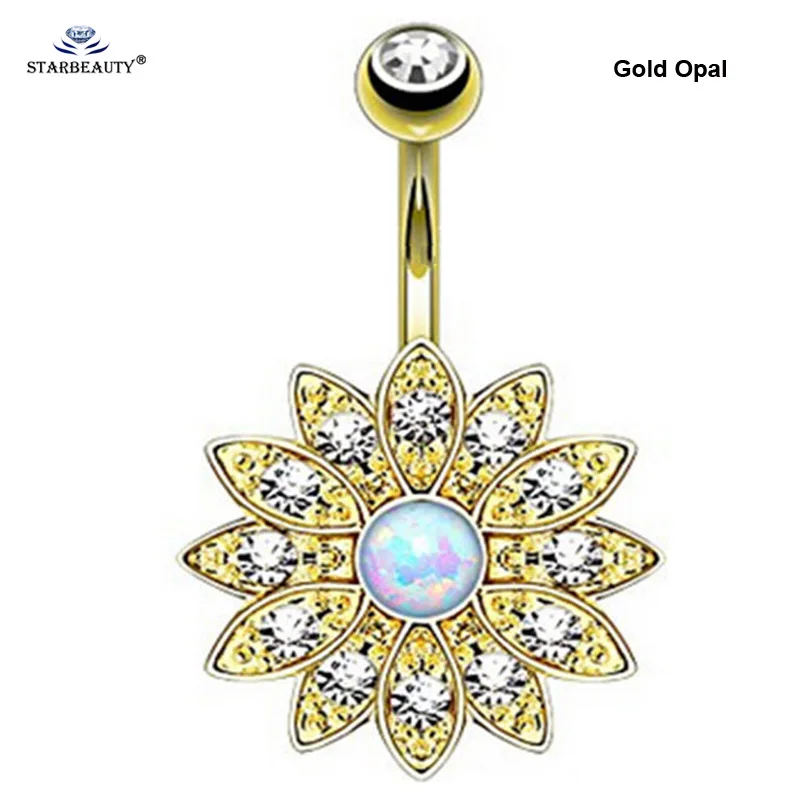1Pc White Opal Lotus Belly Button Rings Navel Piercing Ombligo Stainless Steel 1.6x10mm Bar Flower Belly Ring Pircing Earring
