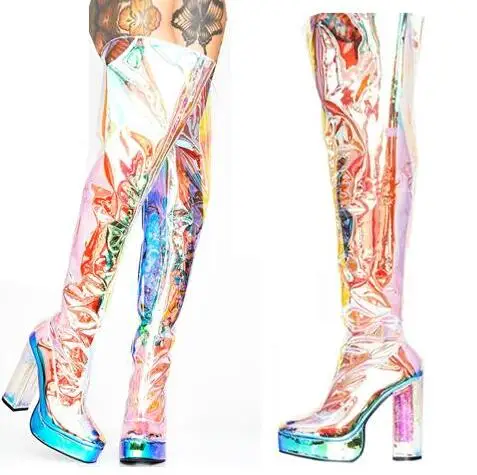 Woman Plus Size Transparent PVC Rock Punk Style Round Toe Square Heel Radium Over The Knee Thigh Stage Show Long Platform Boots