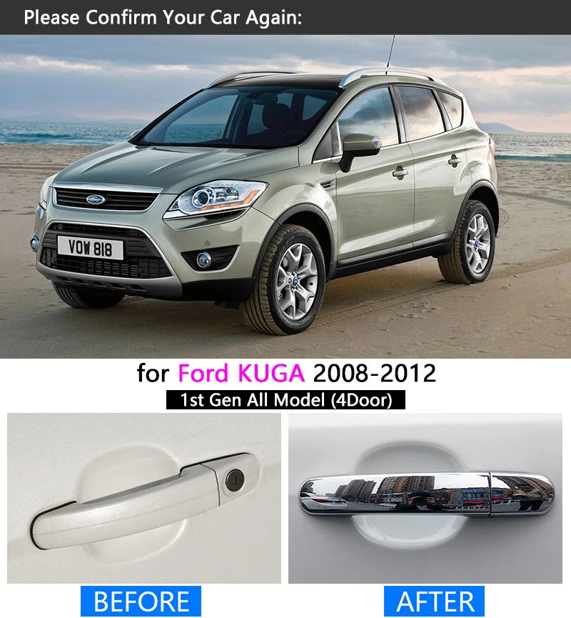 For Ford KUGA 2008-2012 MK1 Luxurious Chrome Handle Cover Trim Set of 4Door 2009 2010 2011 Car Accessories Stickers Car Styling