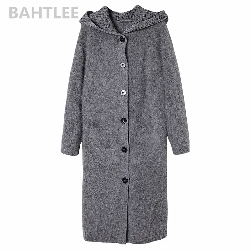 BAHTLEE-Women\'s Angora Rabbit Hat Cardigans, Super Long Sweater, Loose, Flash Pearl, Button Pocket, Very Thick,  Winter