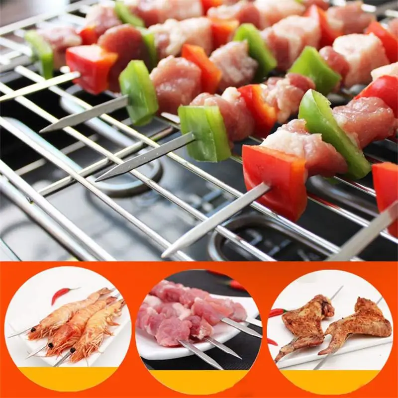 6/10/12pcs16.9in (43cm) Stainless steel Flat BBQ Sticks Metal BBQ Kabob Skewers Reusable BBQ Stickers Grill Barbecue Accessories