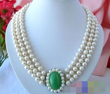 Miss charm Jew995 3ROW 9-10MM WHITE ROUND FRESHWATER PEARL NECKLACE stong (A0322) women wedding Noble style