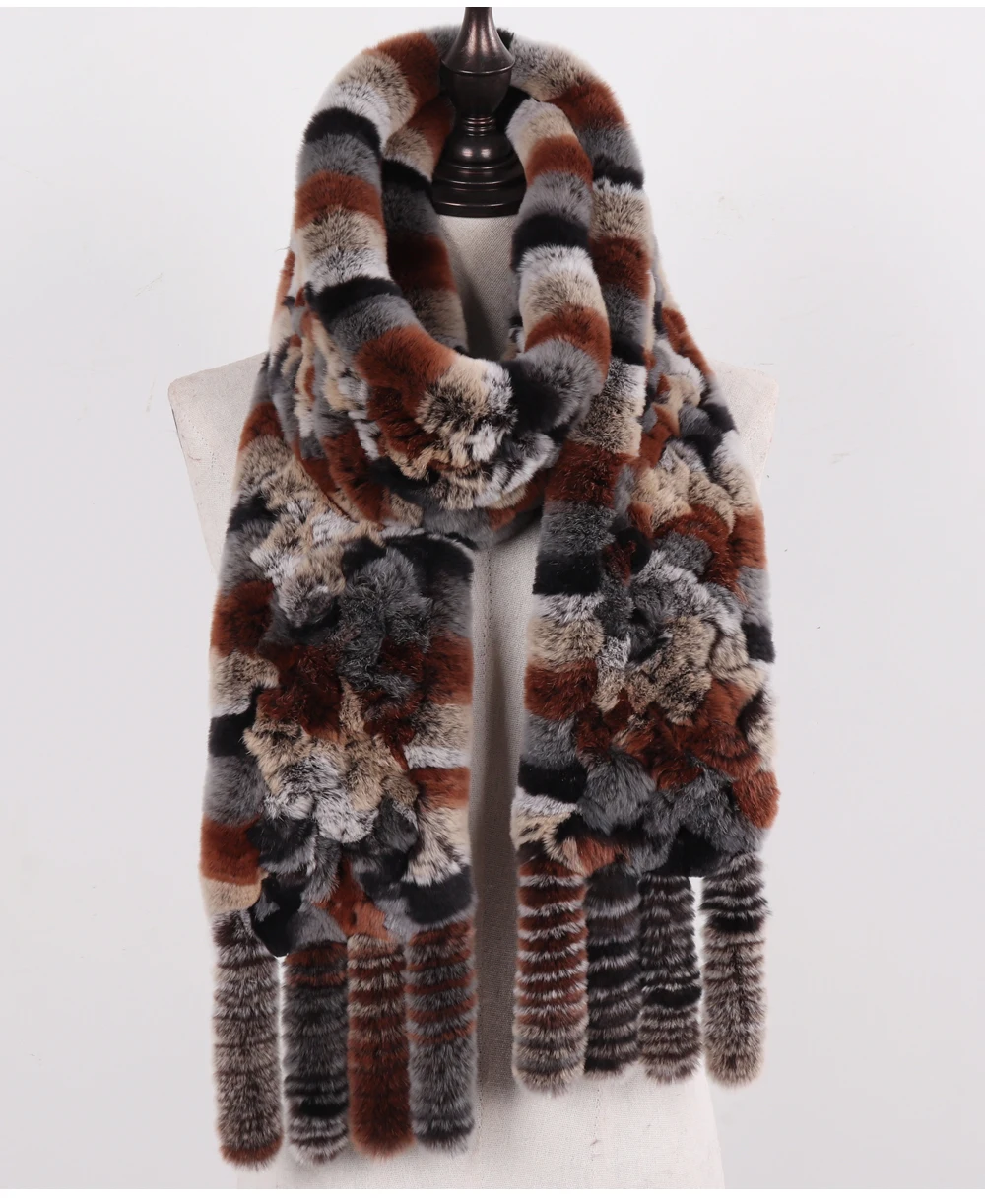 Neue Damen-Schals aus 100% natürlichem Rex-Kaninchenfell, langer Stil, gestrickte Rex-Kaninchenfell-Quastenschals, warme Echtfell-Schals für den Winter. – Detail 36