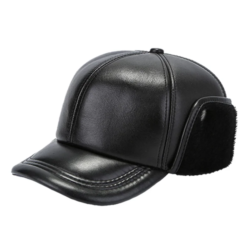 

Genuine leather leifeng cap hat men's brand new sheep skin leather hats caps ear flap black with Faux fur inside