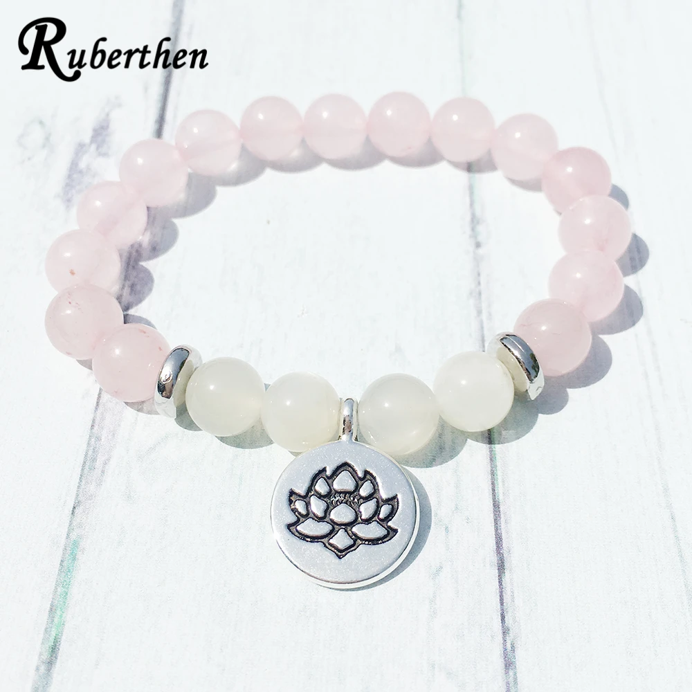 Ruberthen Designer Rose Quartz Lotus Bracelet Natural Moonstone Bracelet High Quality Spirituality Healing Energy Jewelry