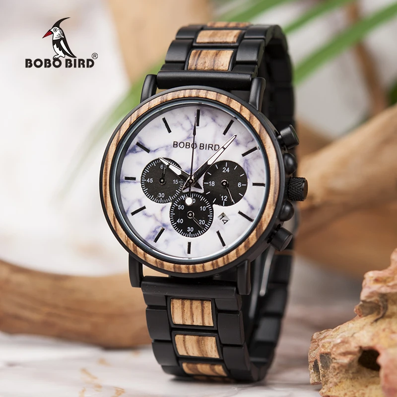 BOBO BIRD Marble Dial Wood Watch Men Chronograph Wooden Metal Quartz Wristwatch Relogio Masculino Gift for Father Husband J-P09