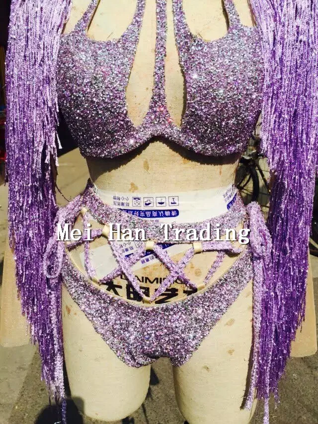 Purple Glisten Sequins Tassel Outfit  Bikini Bra Short For Female Singer Party Stage Bright Costume Dance Performance Set