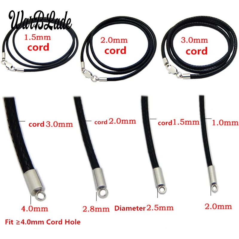 WarBLade 1.5mm 2mm 3mm Leather Cord Black Necklace Chain Stainless Steel Lobster Clasp Connector Round Waxed Rope For Men Women