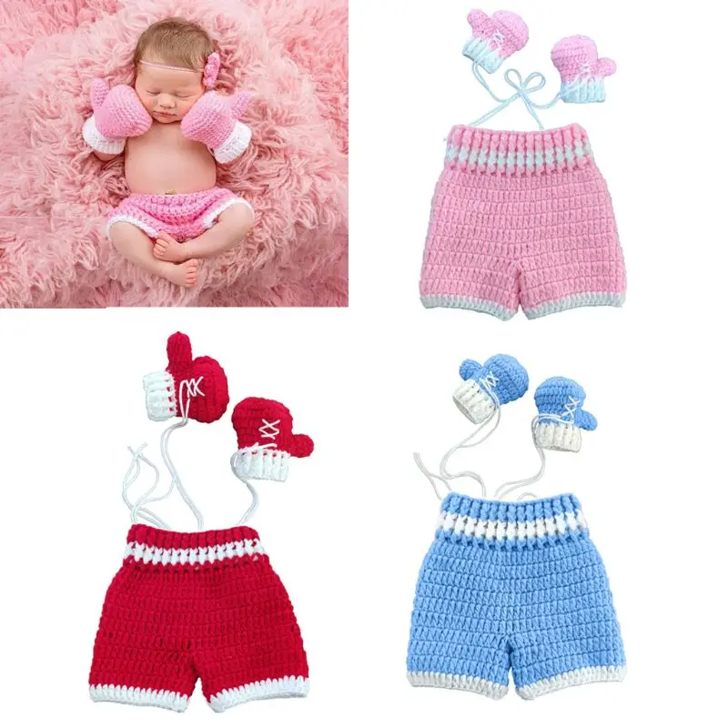 D7YD Newborn Baby Photo Photography Prop Costume Boxing Gloves Shorts Crochet Knit Clothes boxer Boxing gloves and  pants Set