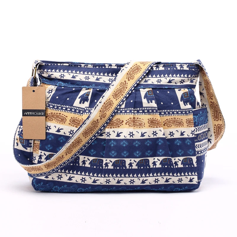 Imagem -04 - Annmouler Bolsa de Ombro Grande Feminina de Tecido de Algodão Bolsa Crossbody Estampada de Elefante Rústico Bolsa Hobo Macia Ajustável Carteiro