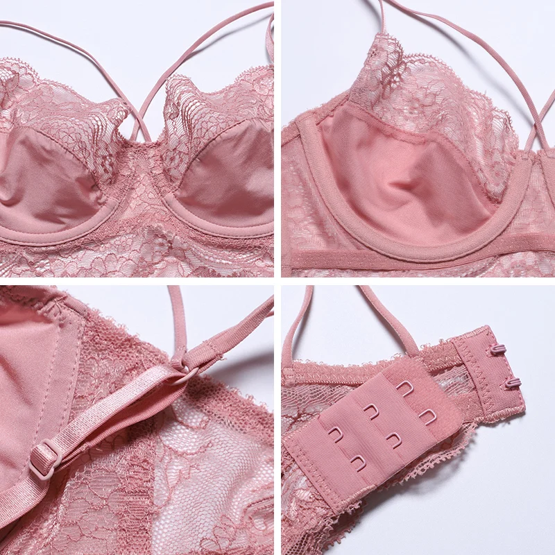 TERMEZY Classic Bandage Pink Bra Set Lingerie Push Up Brassiere Lace Underwear Set Sexy High-Waist Panties For Women underwear