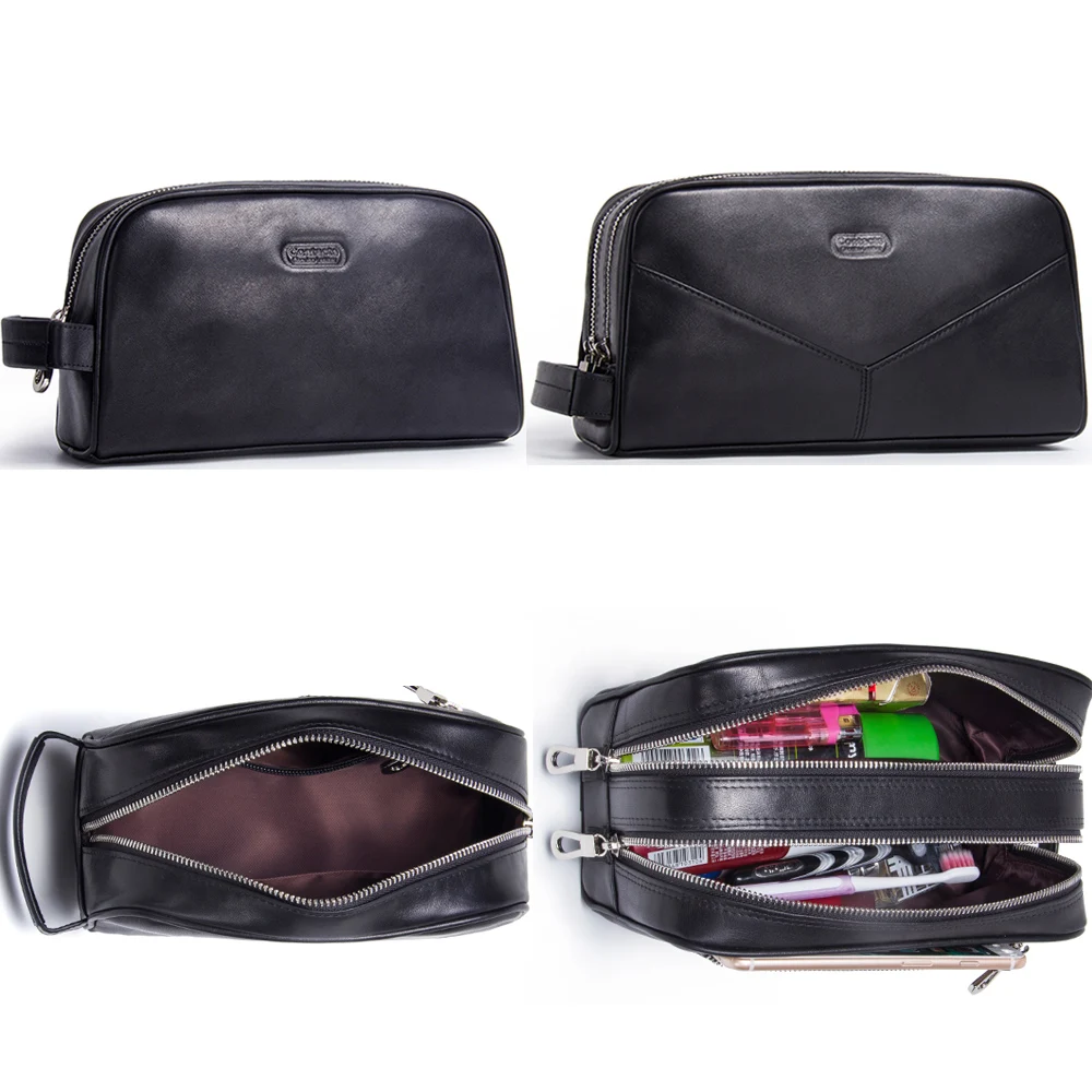 CONTACT\'S genuine leather cosmetic bag for men vintage crazy horse leather man make up bags small travel bags male toiletry bag