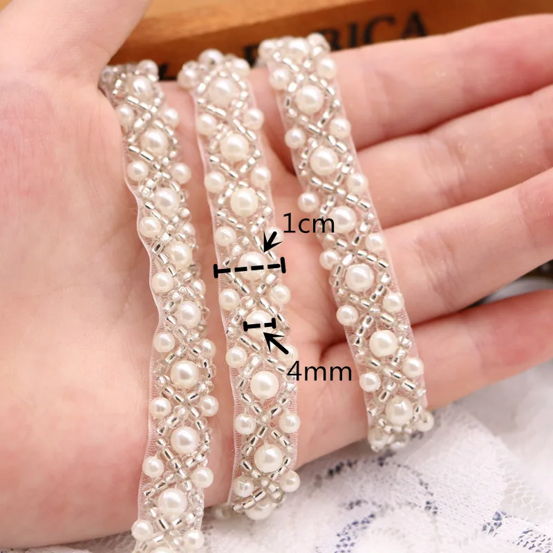 White Pearl Seed Bead Beaded Trims Sew On collar Ribbon 1cm 1.5cm Width for Jewelry Headpiece DIY Dress belt