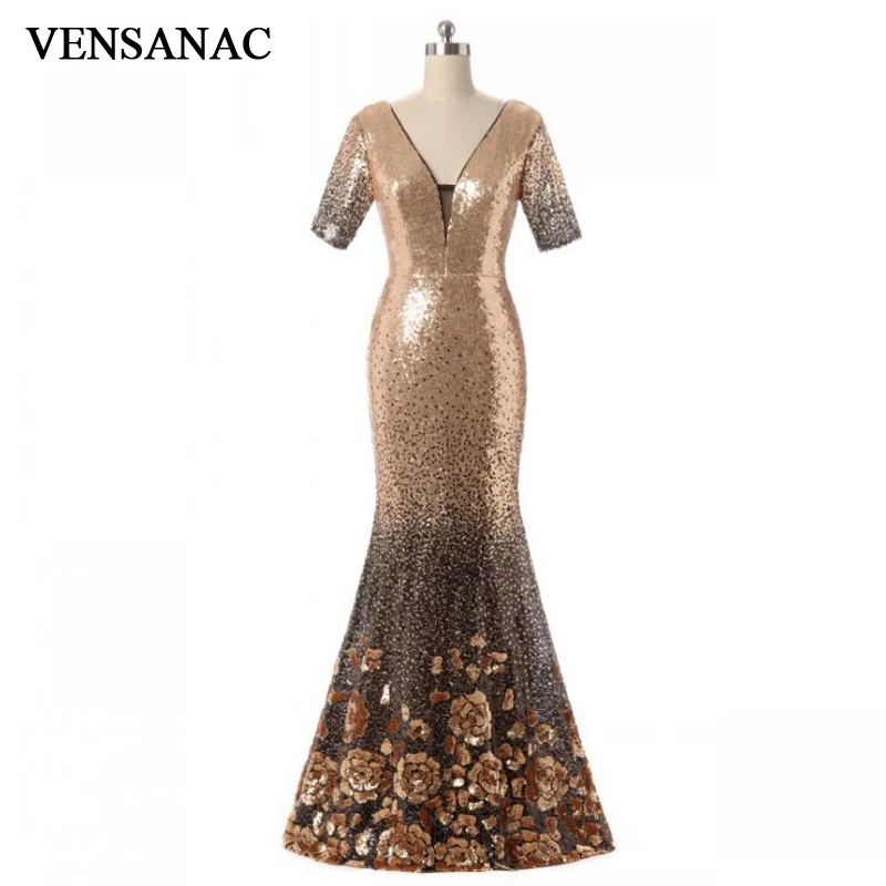 

VENSANAC 2018 Vintage V Neck Lace Sequin Mermaid Long Evening Dresses Half Sleeve Party Flowers Embroidery Prom Gowns