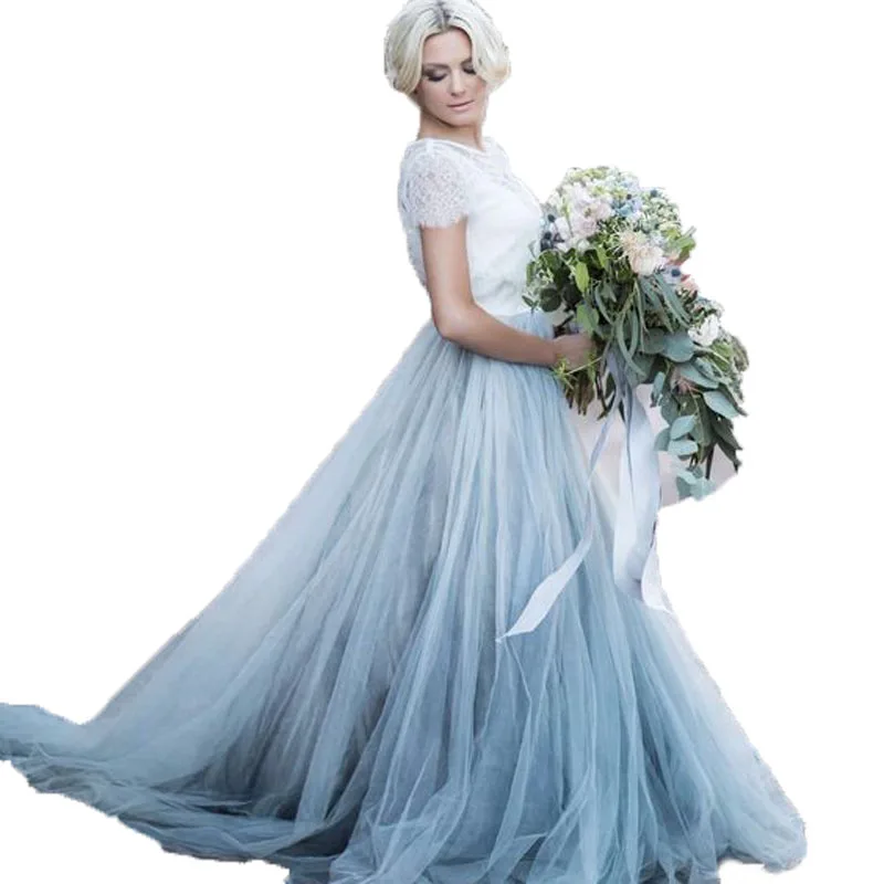 2023 Custom Made Soft Tulle Skirts For Bridal To Wedding Floor Length Tutu Skirt For Women Elastic Style Sky Blue Maxi Skirt