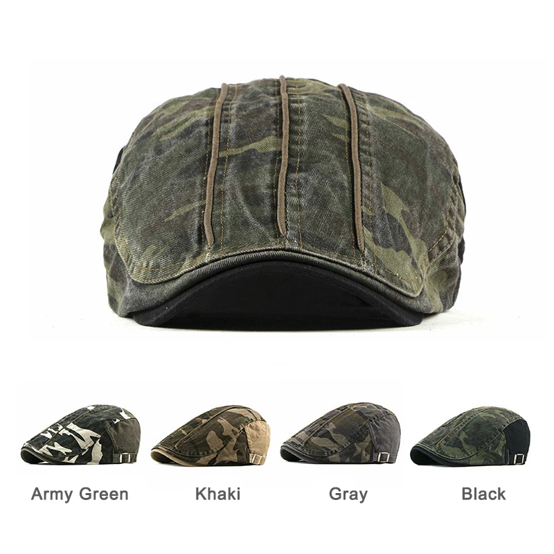 Camouflage Berets Hats for Men Women Patchwork Herringbone Caps Washed Cotton Newsboy Cap Cabbie Ivy Flat Hat Adjustable 3