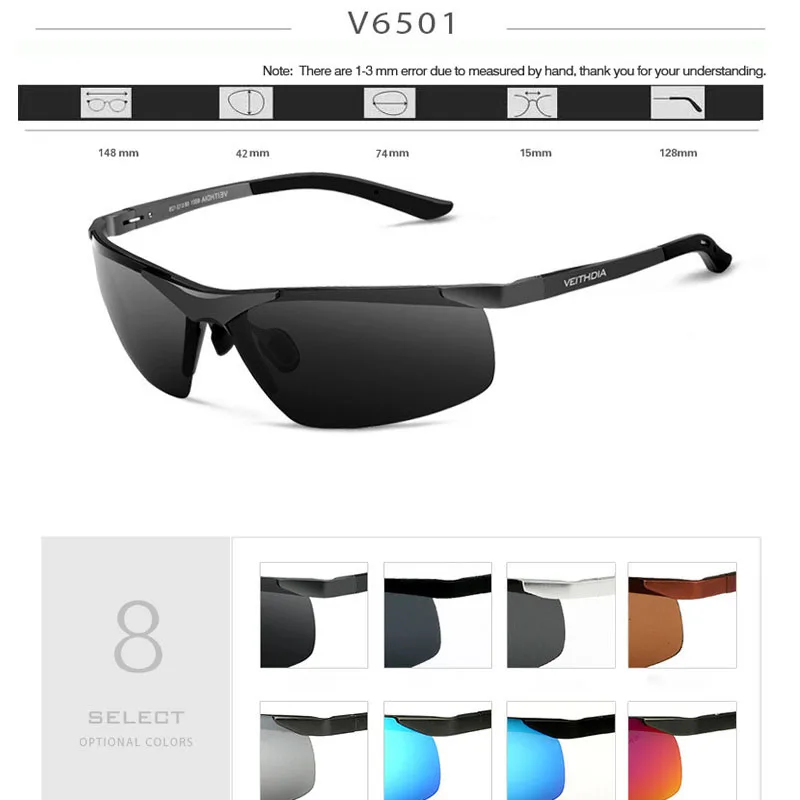 VEITHDIA Brand Designer Men\'s Sunglasses Outdoor Sports Fishing Aluminum Polarized UV400 Lens Sun Glasses Eyewear For Male 6501