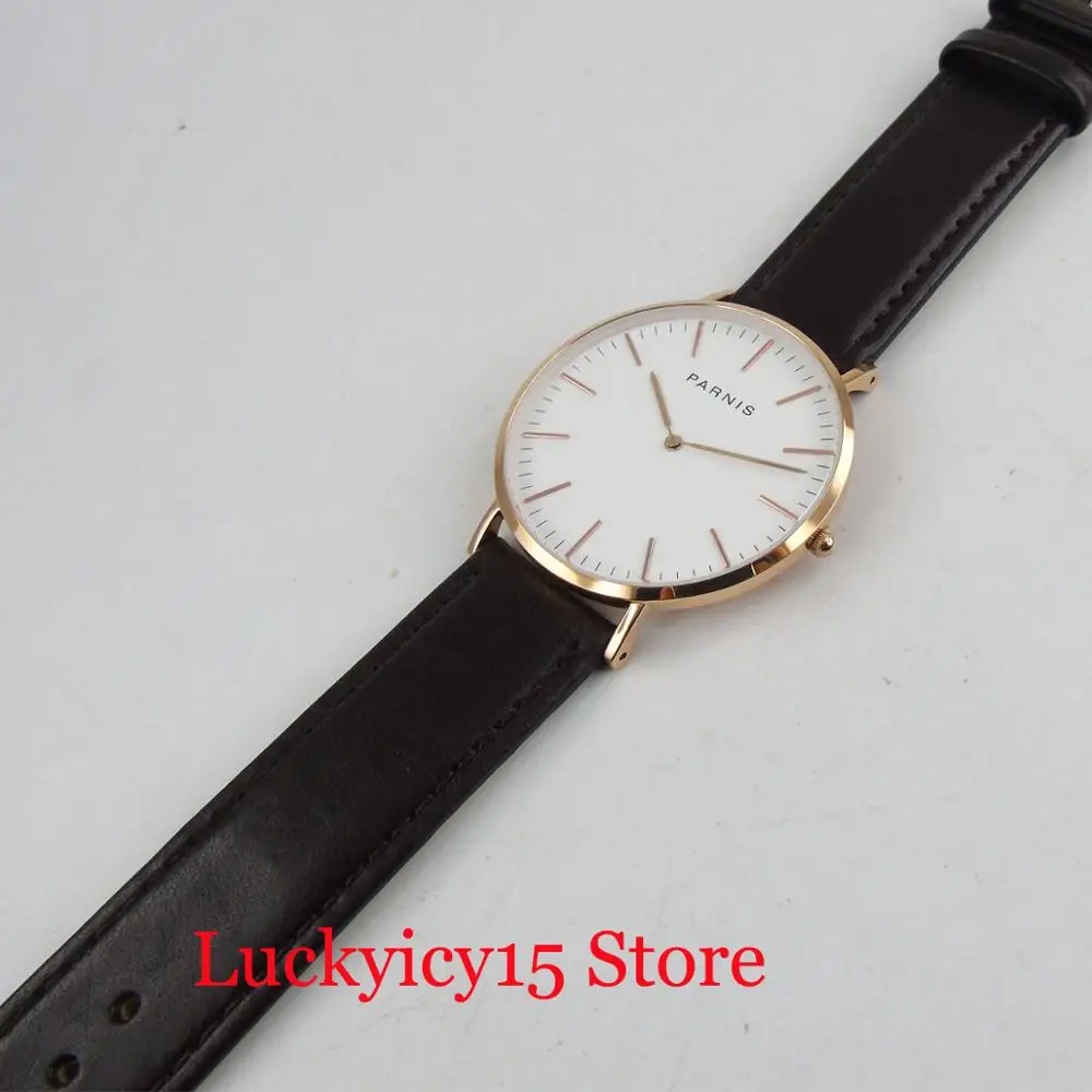 PARNIS Dress 41mm Quartz Men\'s Watch With Golden Watch Case Golden Marks Simple Dial Leather Strap