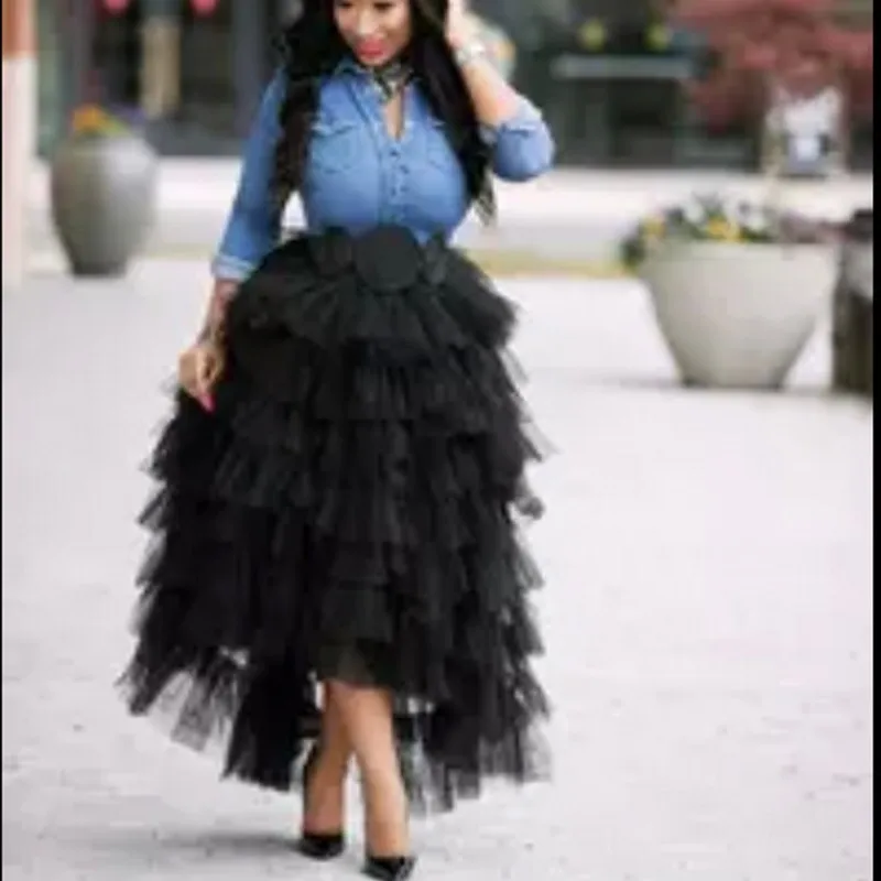 

Fashion Black Tiered Ruffles High Low Tulle Skirts For Pretty Women 2017 Faldas Mujer Saias Elastic Custom Made Long Tulle Skirt