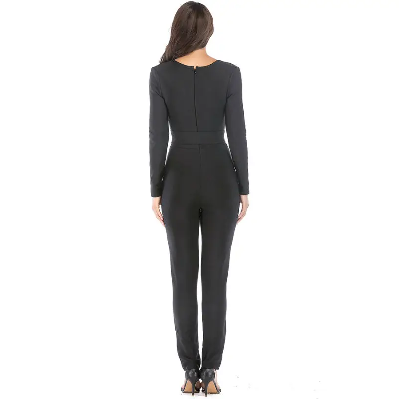 New Fashion Deep V Neck Women Bandage Jumpsuits Black Skinny Bow Evening Club Party Bodysuit Rompers Full Length Pencil Pants