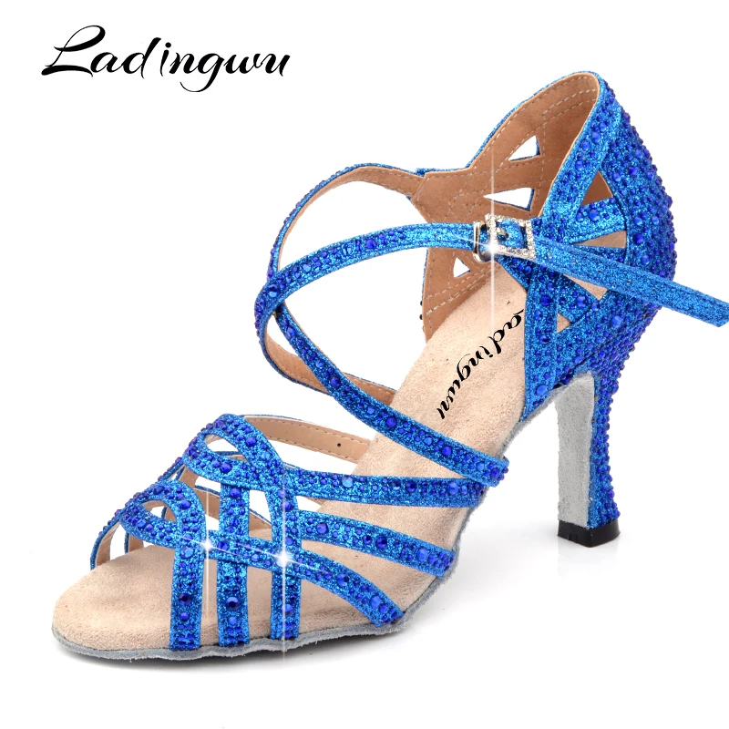 Ladingwu tênis sapatos de dança azul dourado glitter completo strass sapatos de dança latina salsa sapatos de salão dança fundo macio