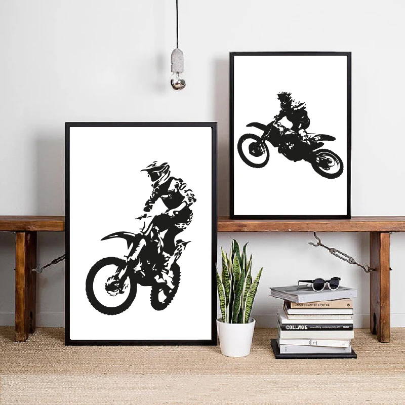 Motocross Rider Posters Canvas Art Prints Black and White Motorcycle Racer Modern Art Painting Boys Room Home Wall Art Decor