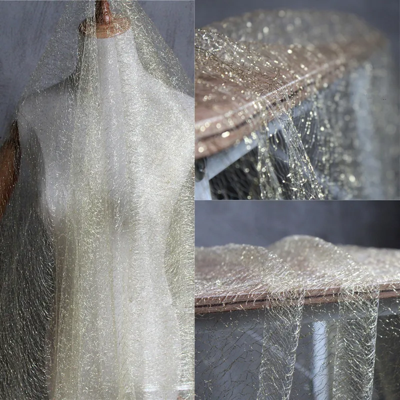 Lace7 1Yard Fashion Irregular Hollow out Mesh Fabric Perspective Golden Gauze Wedding Dress Veil Lace Fabric The Curtain Cloth