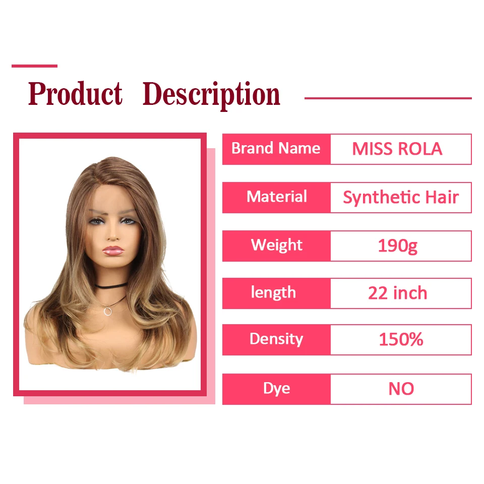 Fräulein Rola Synthetische Lange Wellenförmige Ombre Braun Spitze Perücke Für Schwarze Frauen Perücke 150% Dichte 22 Zoll Hitze Beständig Faser – Detail 2