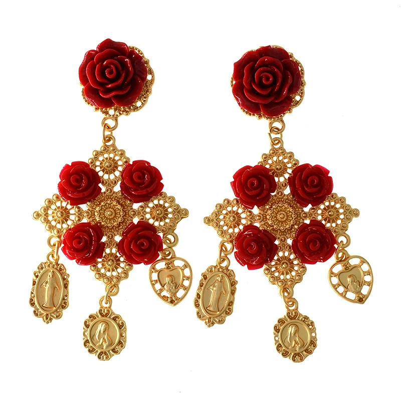 Baroque Metal Big Long Earrings For Women Long Earrings Vintage Rhinestone Flower Coin Drop Earring Fashion Jewelry