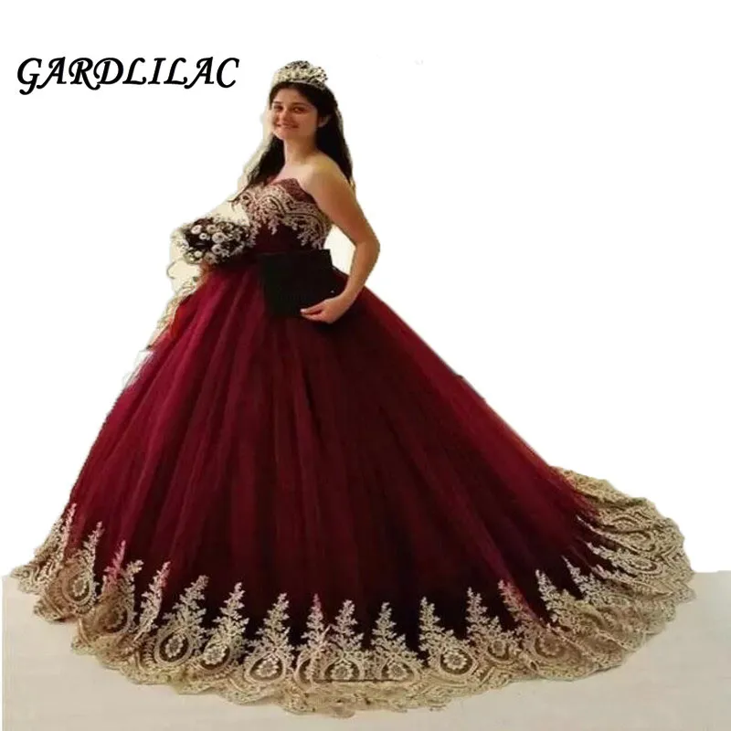 Burgund Quinceanera Kleider 2021 Lange Prom Party Tüll Gold Appliques Ballkleid für Prom Süß 16 Kleider vestidos de 15 anos