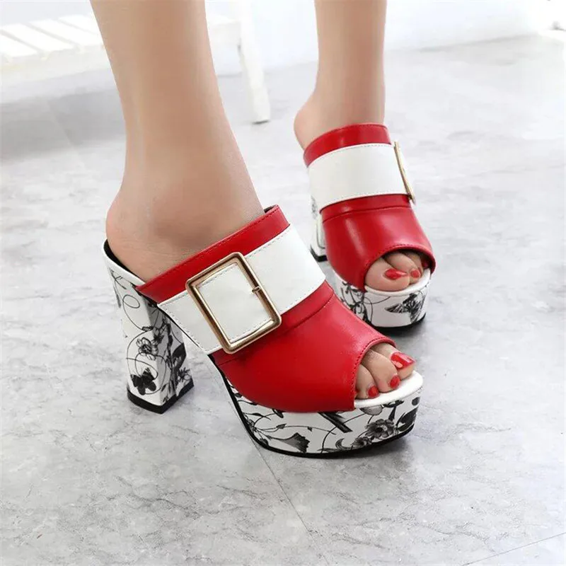 3Color Fashion Summer Women Elegant Buckle High Heel Sandals Peep Toe Platform Shoes Sexy Chunky Heel Shoes Lady Thick Heel 40
