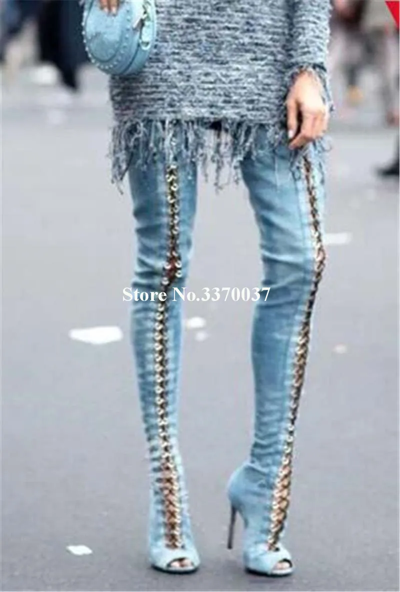 Ladies New Design Open Toe Lace-up Blue Denim Over Knee Gladiator Boots Charming Slim Style Thigh High Heel Boots Sexy Shoes