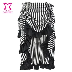 Black And White Striped Long Adjustable Asymmetrical Ruffle Vintage Steampunk Skirts Women Sexy Skirt Victorian Gothic Clothing