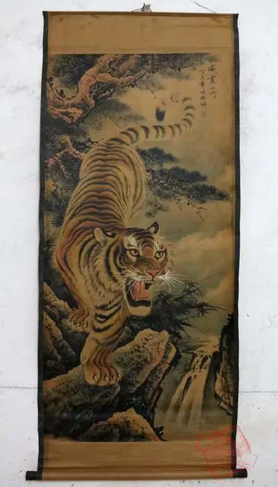 Rare Old Chinese  QingDyansty Scroll painting,tiger,exquisite designs,Hand-carved,Ancient,free shipping