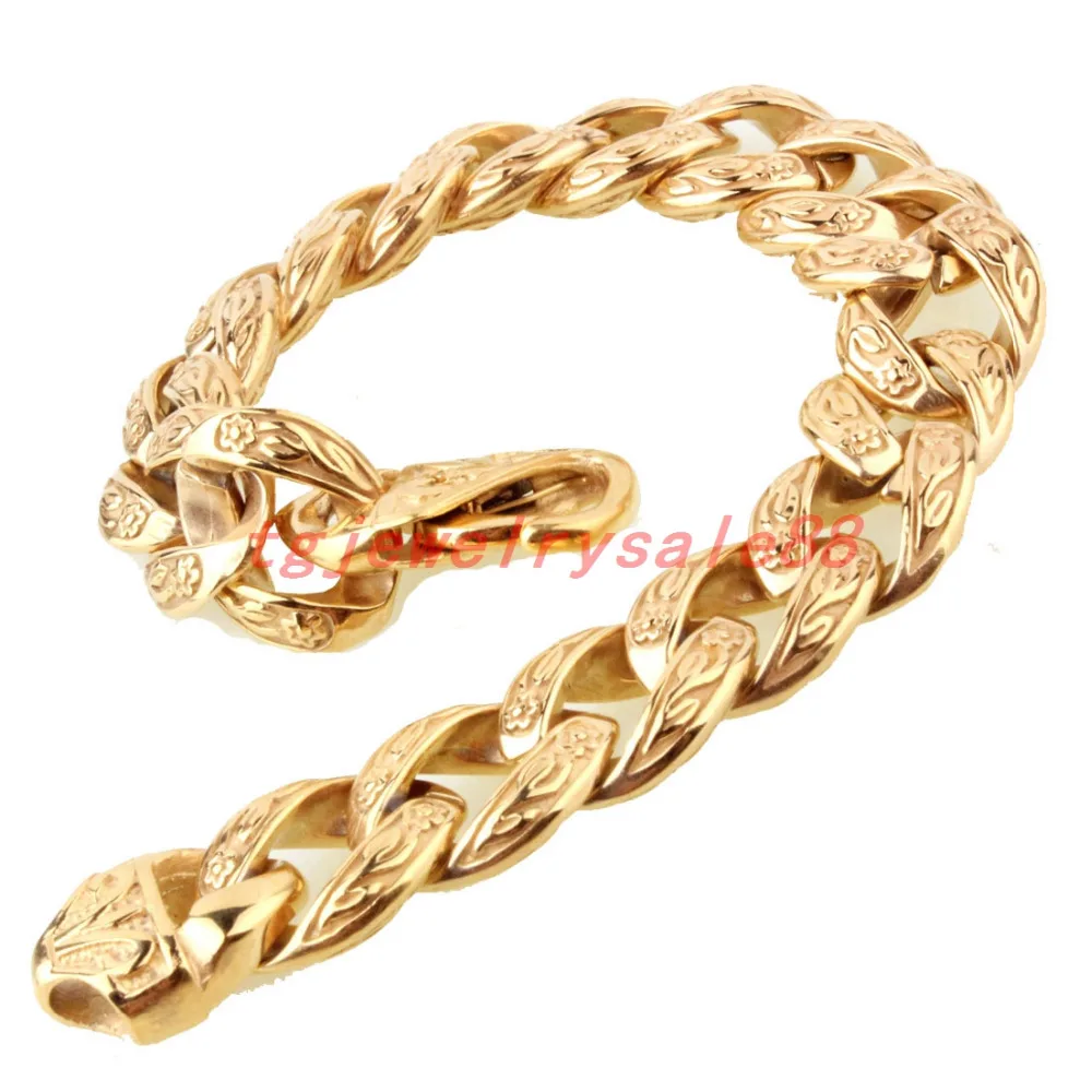 Popular Biker Men\'s 15mm Wide Gold Color Stainless Steel Curb Cuban Link Chain Casting Bracelet Jewelry Flower Clasp 9\