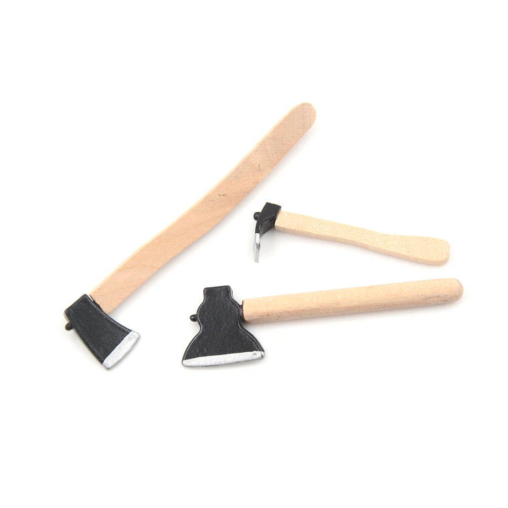 3Pcs/set Mini Wood Metal Chopper Hatchet Dollhouse Miniature 1:12 Toy Tools Axe Hammer Wholesale