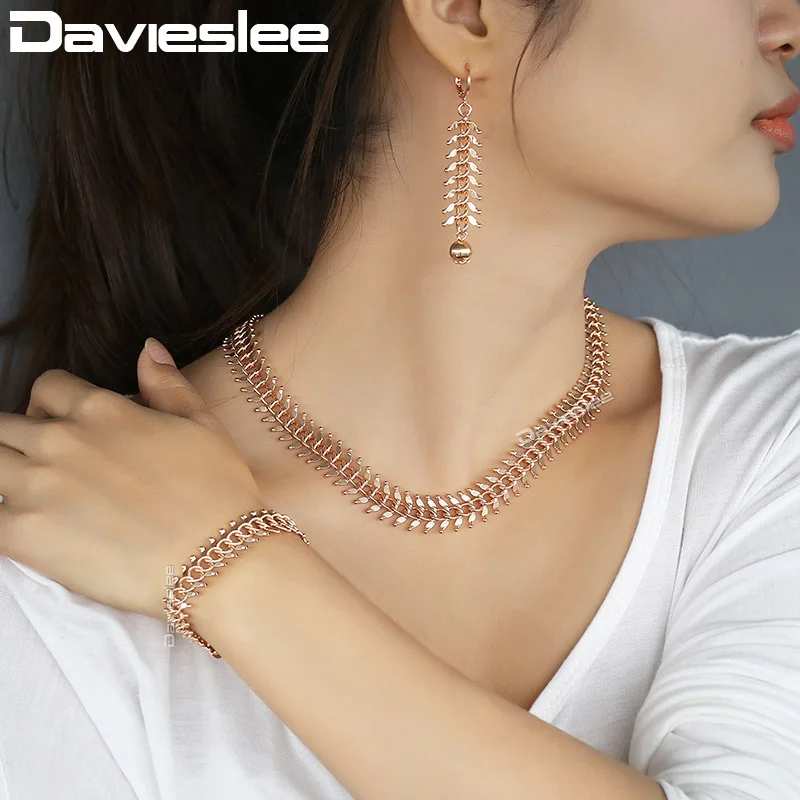 Davieslee Jewelry Set For Women 585 Rose Gold Color Centipede Link Chain Necklace Bracelet Earrings Woman Dropshipping DCSM01