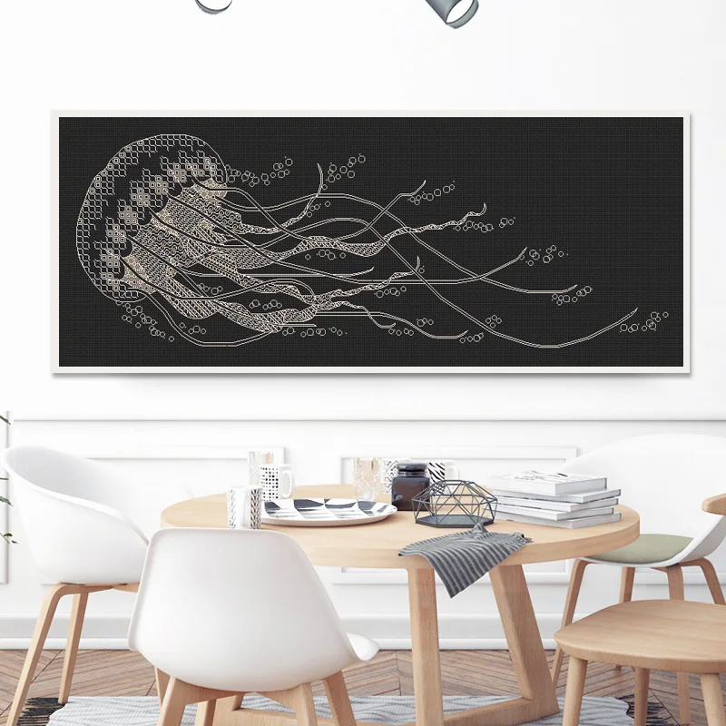 Jellyfish blackwork design cross stitch package DMC brand metal thread bead 18ct 14ct 11ct kit embroider DIY handmade needlework