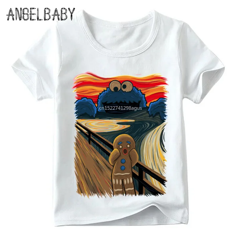 

Children Muncher Monster Cookie Print Funny T-shirt Boys and Girls Summer Cartoon Tops Kids Soft White T-shirt,ooo2035