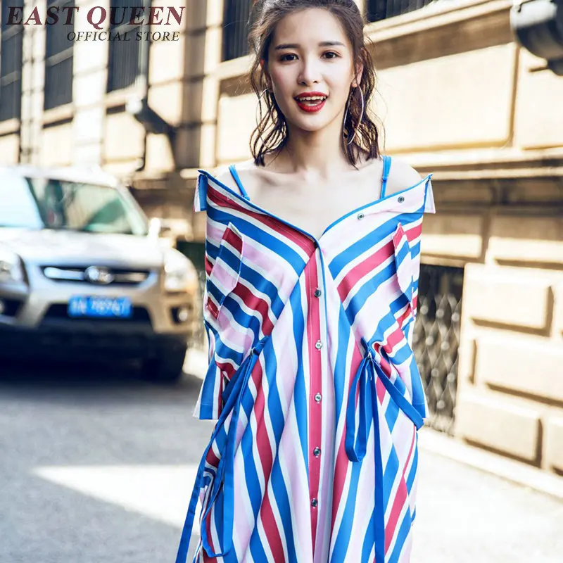 Latest fashion blue striped dress short sleeve casual loose long shirt dress keen length women blouses summer 2018 NN0625 YQ