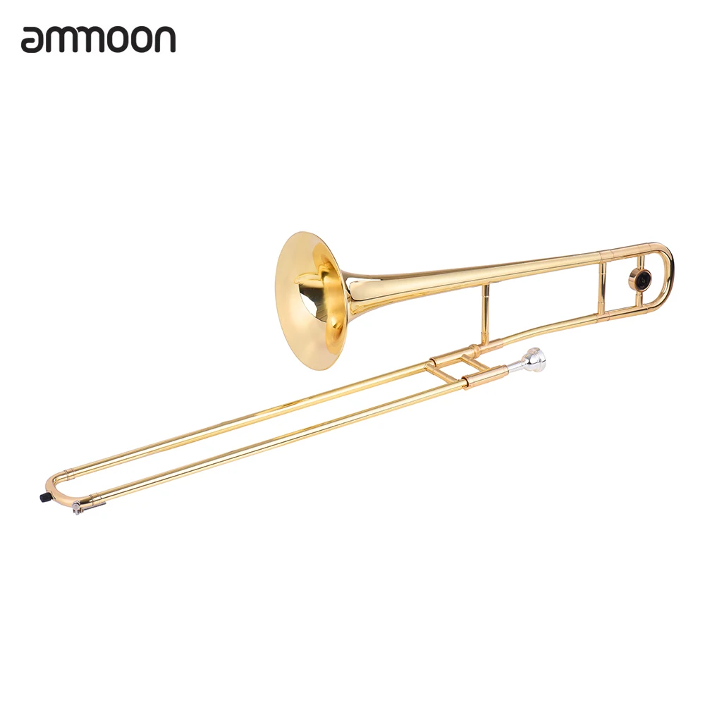 ammoon Tenor Trombone Brass Gold Lacquer Bb Tone B flat Wind Instrument with Cupronickel Mouthpiece Cleaning Stick Case