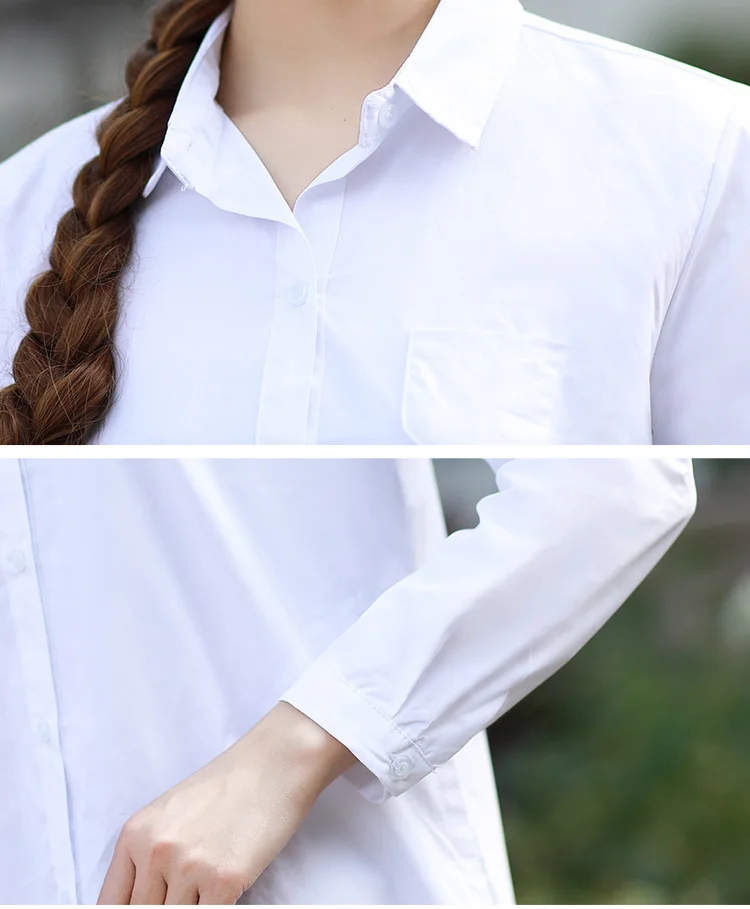 Long Shirt Women 2019 Autumn Long Sleeve Turn Down Collar Tops With Pocket Female Basic Large Plus Size Blousedress White Blouse