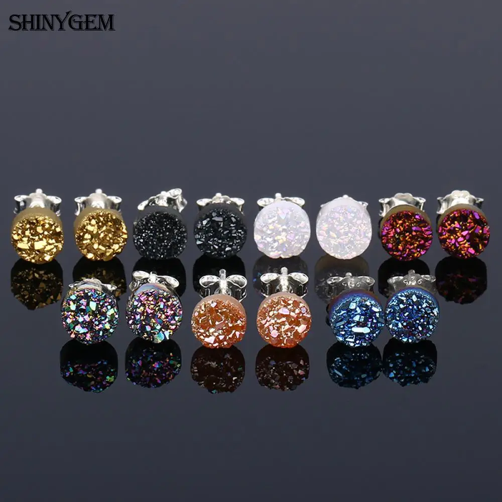 ShinyGem Trendy Sparkling Natural Opal Druzy Gem Stone Stud Earrings Round Mineral 6mm Small Size Lovely Earrings For Women Gift