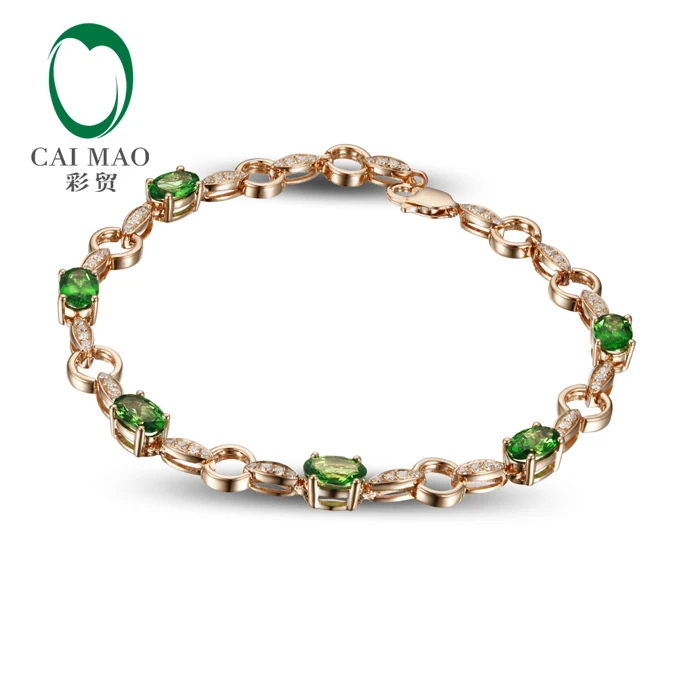 

14k Rose Gold Oval 2.52ct Natural Green Tsavorite Round Cut Diamond Bracelets