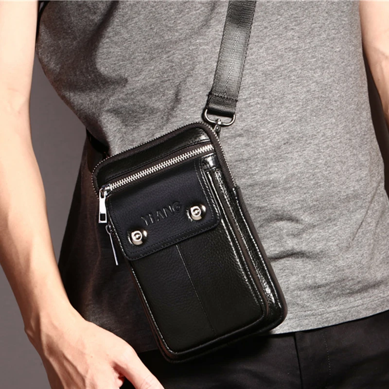 Men Business Small Shoulder Messenger Bags Purse Cross Body Belt Pack Fanny Hip Genuine Leather 7'' Cell Phone Case Waist Bag